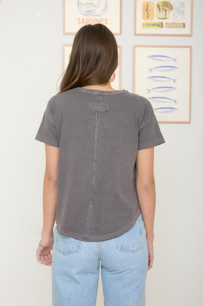 Round Neck SS Exposed Seam Knit Top in Grey by Blu Pepper