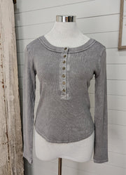 Washed LS Ribbed Henley Knit Top in Charcoal by Blu Pepper