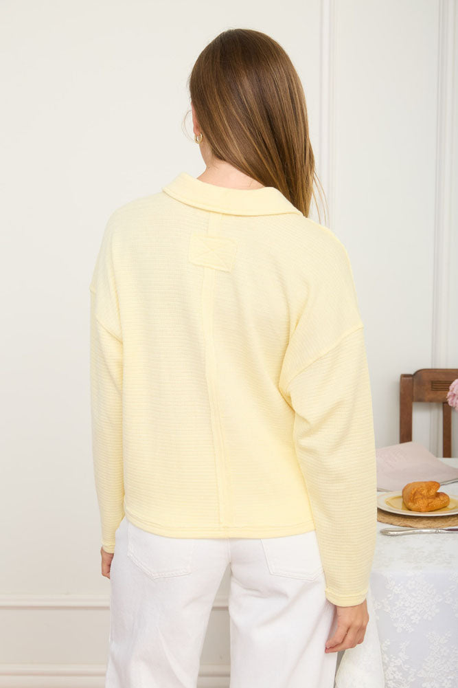 Exposed Seam LS Textured Knit Polo in Butter Yellow by Blu Pepper