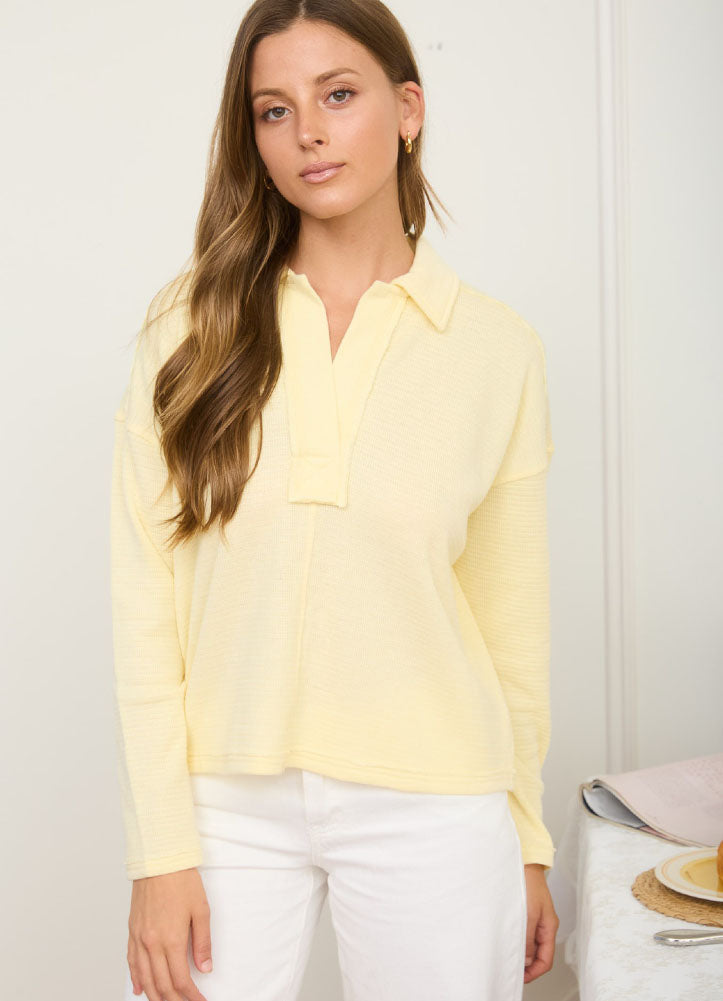 Exposed Seam LS Textured Knit Polo in Butter Yellow by Blu Pepper
