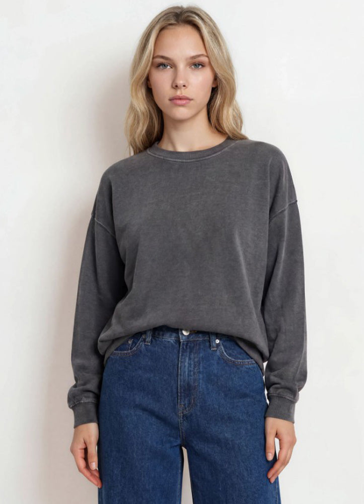 Washed Crew Neck LS Knit Top in Charcoal by Blu Pepper