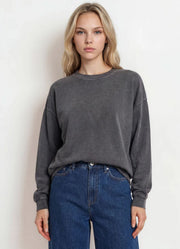 Washed Crew Neck LS Knit Top in Charcoal by Blu Pepper