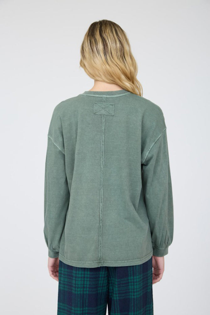 Washed Crew Neck LS Knit Top in Dusty Green by Blu Pepper