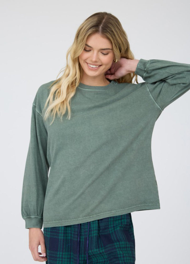 Washed Crew Neck LS Knit Top in Dusty Green by Blu Pepper
