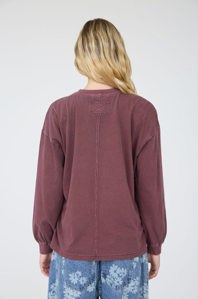 Washed Crew Neck LS Knit Top in Maroon by Blu Pepper