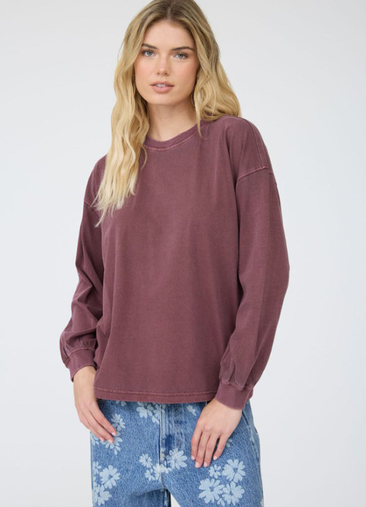 Washed Crew Neck LS Knit Top in Maroon by Blu Pepper