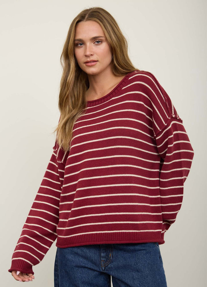 Striped DS Crew Neck Sweater in Burgundy by Blu Pepper