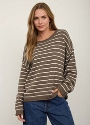 Striped DS Crew Neck Sweater in Taupe by Blu Pepper