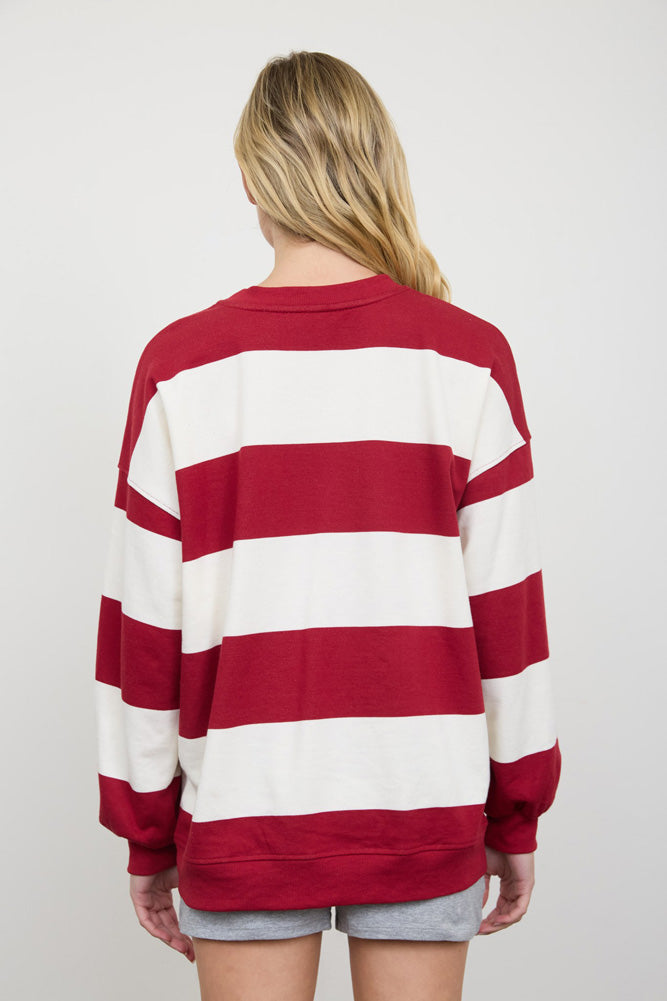 Oversized Wide Stripe Crew Neck Knit Top in Red by Blu Pepper