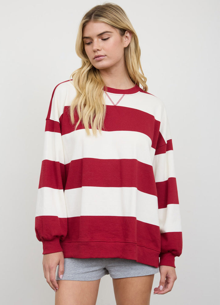 Oversized Wide Stripe Crew Neck Knit Top in Red by Blu Pepper