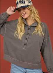 Mock Neck Henley LS Knit Top in Charcoal by Blu Pepper