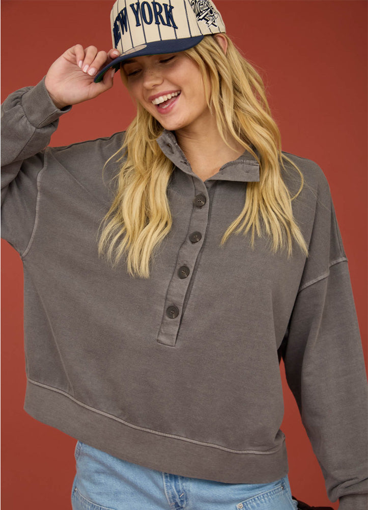 Mock Neck Henley LS Knit Top in Charcoal by Blu Pepper