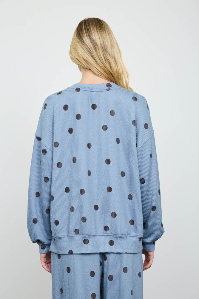 Polka Dot LS Crew Knit Top in Slate Blue by Blu Pepper