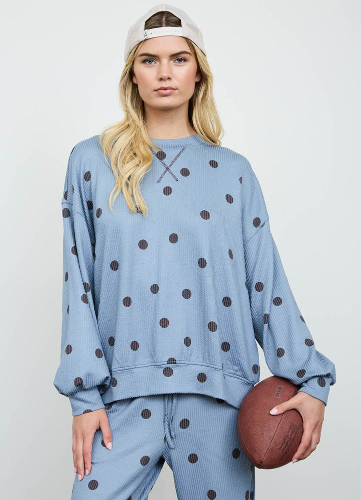 Polka Dot LS Crew Knit Top in Slate Blue by Blu Pepper