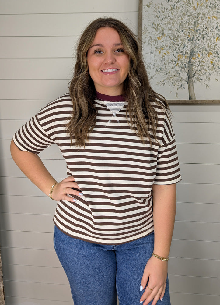 Stripe Colorblock SS Knit Top in Dark Brown by Blu Pepper