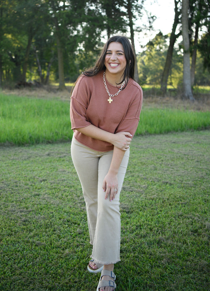Exposed Seam Drop Shoulder SS Pullover in Sienna by Blu Pepper