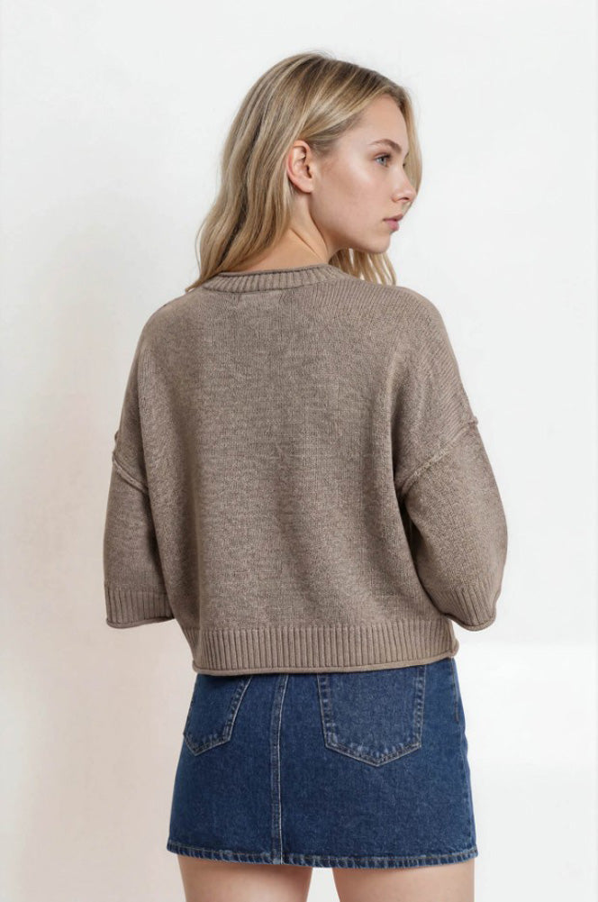 Exposed Seam Drop Shoulder SS Pullover in Taupe by Blu Pepper