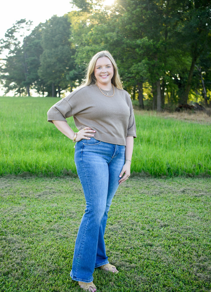Exposed Seam Drop Shoulder SS Pullover in Taupe by Blu Pepper