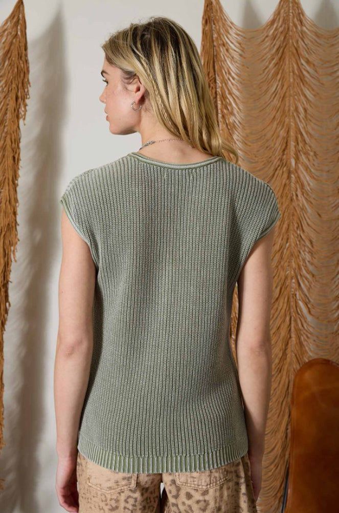 Raw Edge SS Henley Sweater Knit Top in Light Olive by Blu Pepper