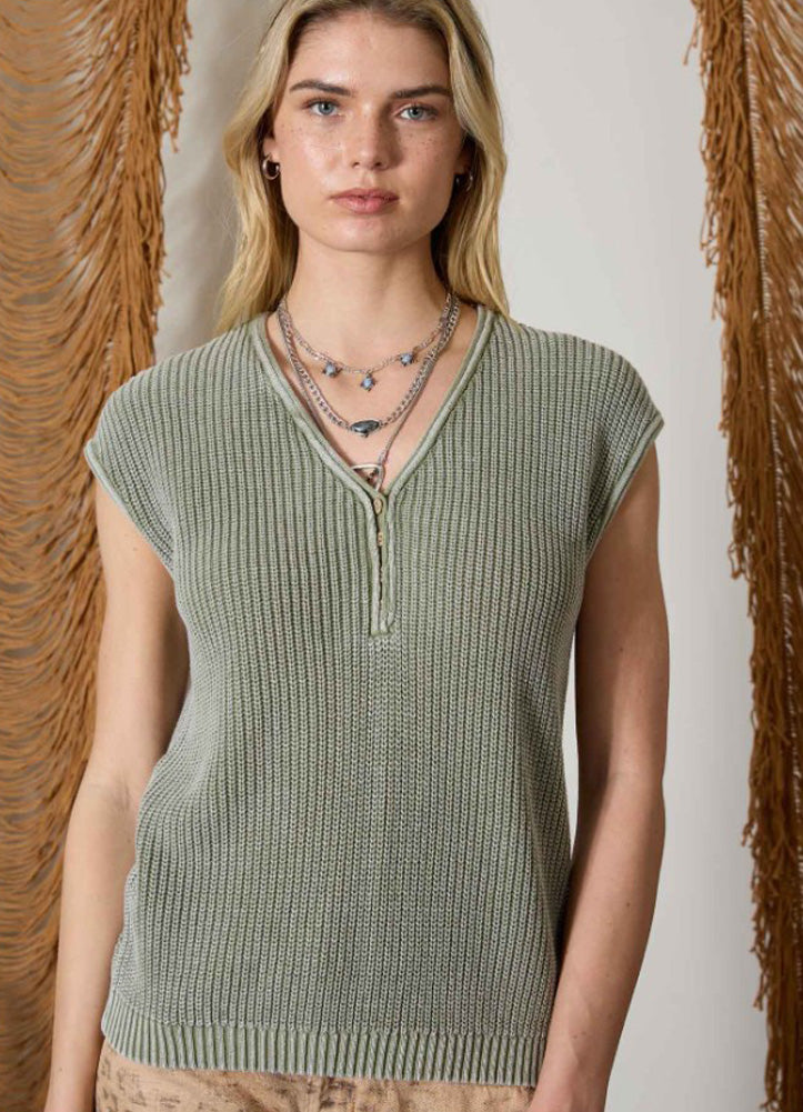 Raw Edge SS Henley Sweater Knit Top in Light Olive by Blu Pepper