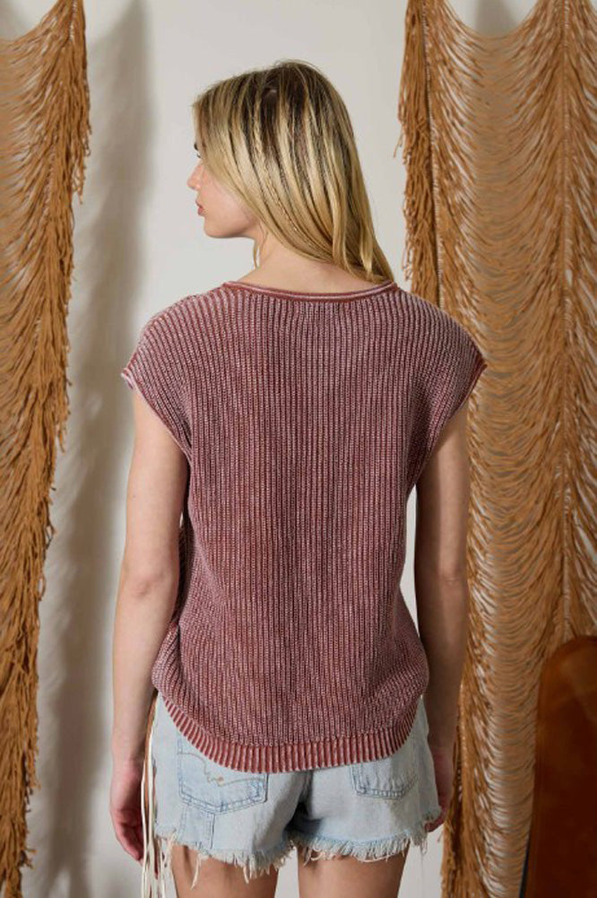 Raw Edge SS Henley Sweater Knit Top in Terracotta by Blu Pepper