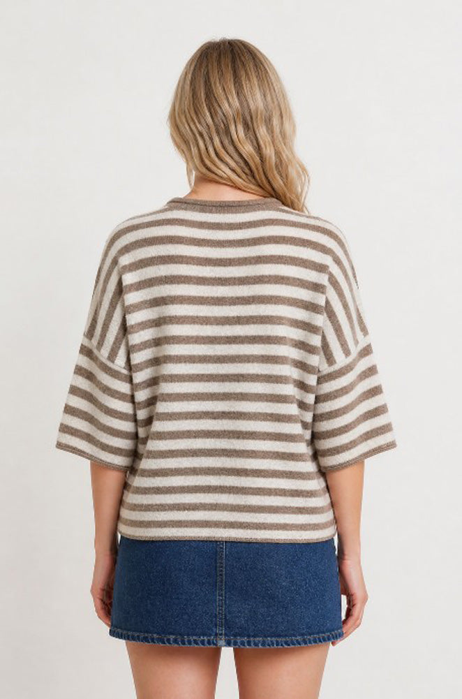 Stripe Raw Edge SS Button Down Cardigan in Light Mocha by Blu Pepper