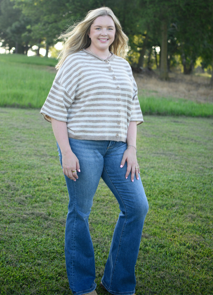 Stripe Raw Edge SS Button Down Cardigan in Light Mocha by Blu Pepper