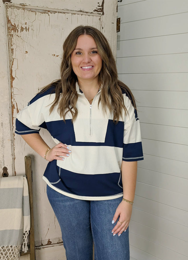 Wide Stripe Half Zip Knit Top in Navy by Blu Pepper