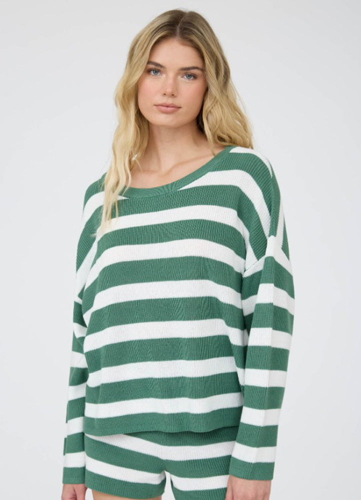 Stripe LS Cozy Knit Top in Green by Blu Pepper