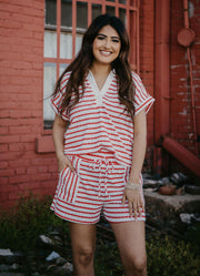 Crepe Striped Pull On Shorts in Red by Blu Pepper