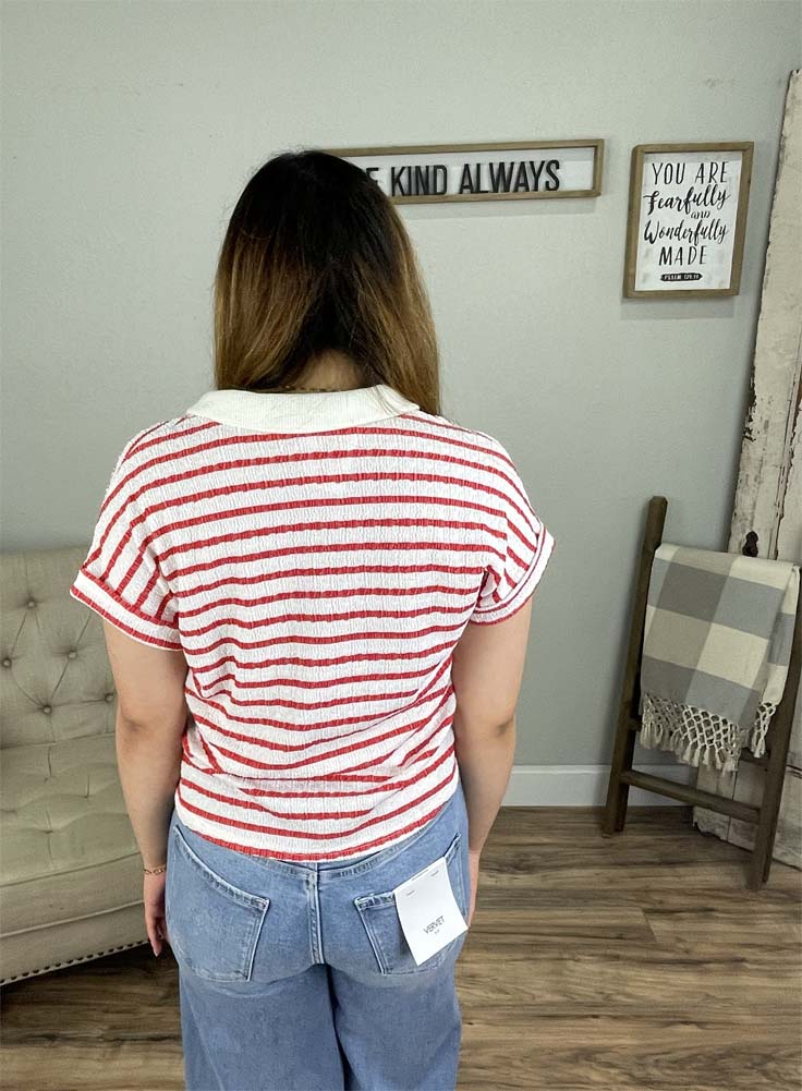 Split Neck Crepe Striped SS Top in Red by Blu Pepper