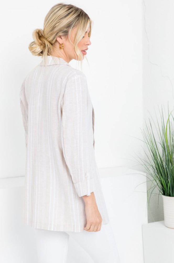 Linen Blend Stripe Blazer in Tan/White by 26 International