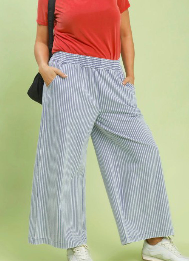 Stone Wash Stripe Wide Leg Pants in Light Denim by Umgee
