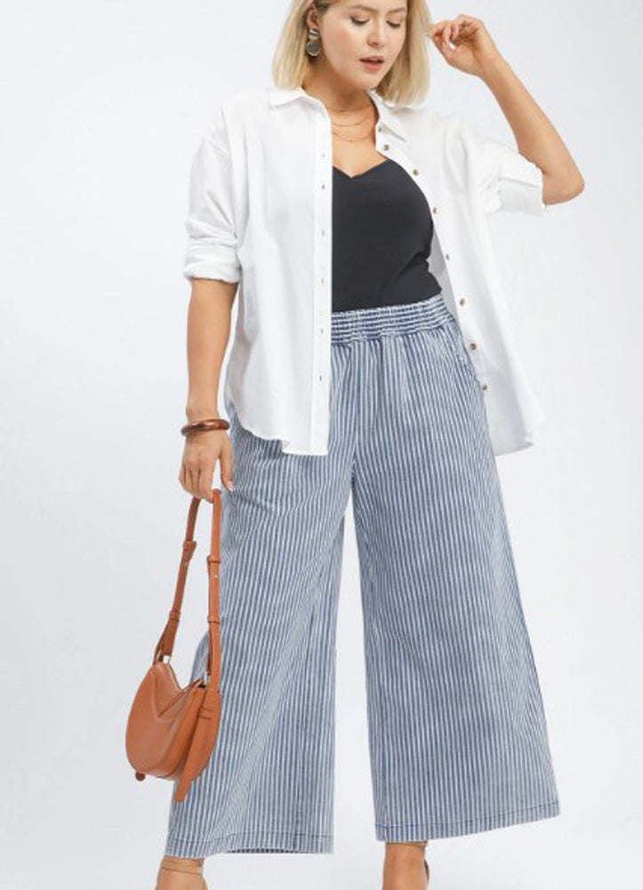 Stone Wash Stripe Wide Leg Pants in Light Denim by Umgee