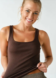 Square Neck Ribbed Tank Top in Coffee Bean by Mono B