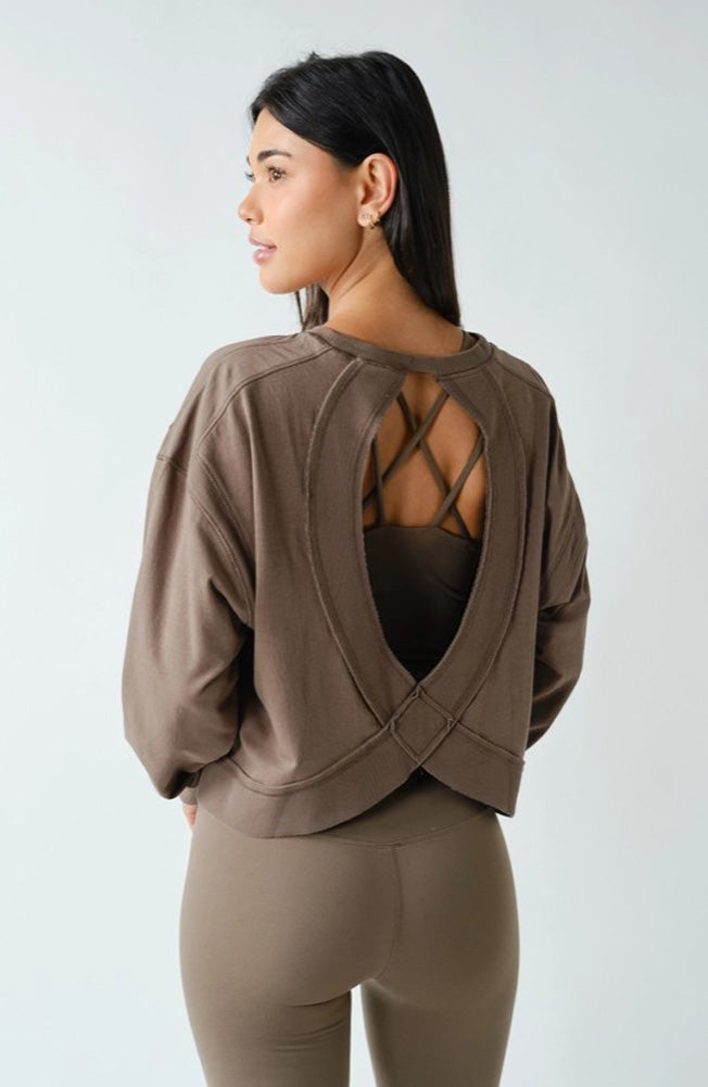 Crescent Pima Cotton Open Back LS Tee in Truffle by Mono B