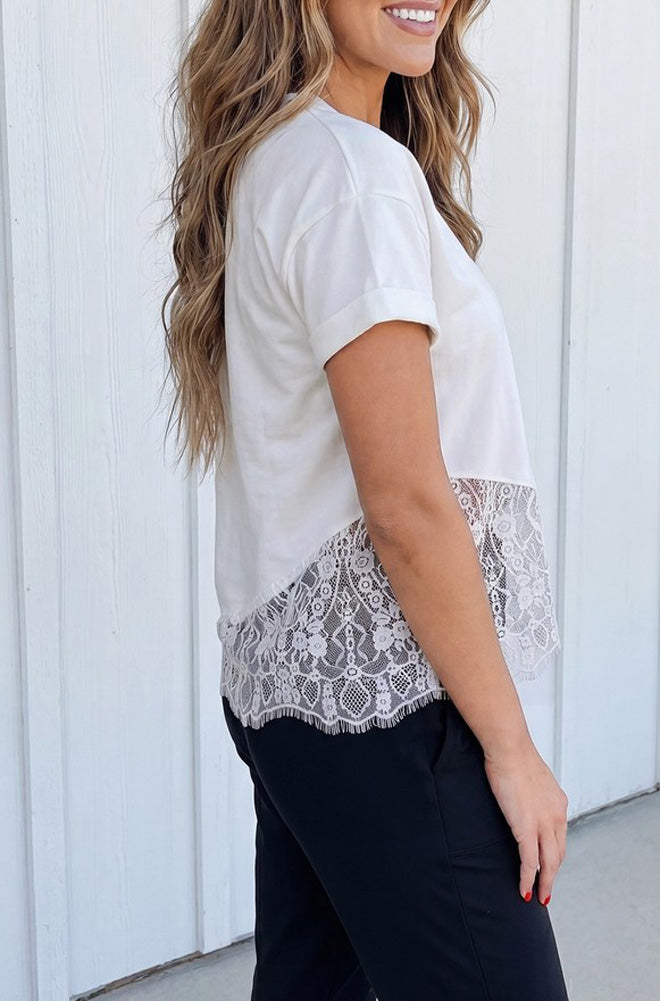 LAS Asymmetric Lace Hem Patchwork Tee in White by LA Society