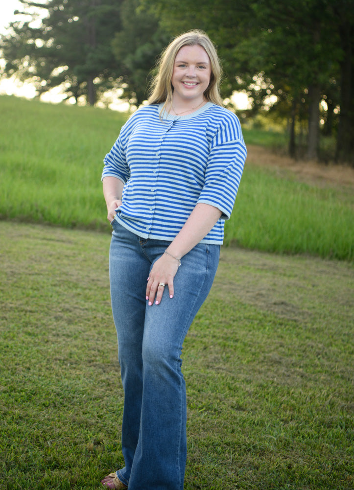 LAS Loose Striped Knit Button Down Cardigan in Blue by LA Society