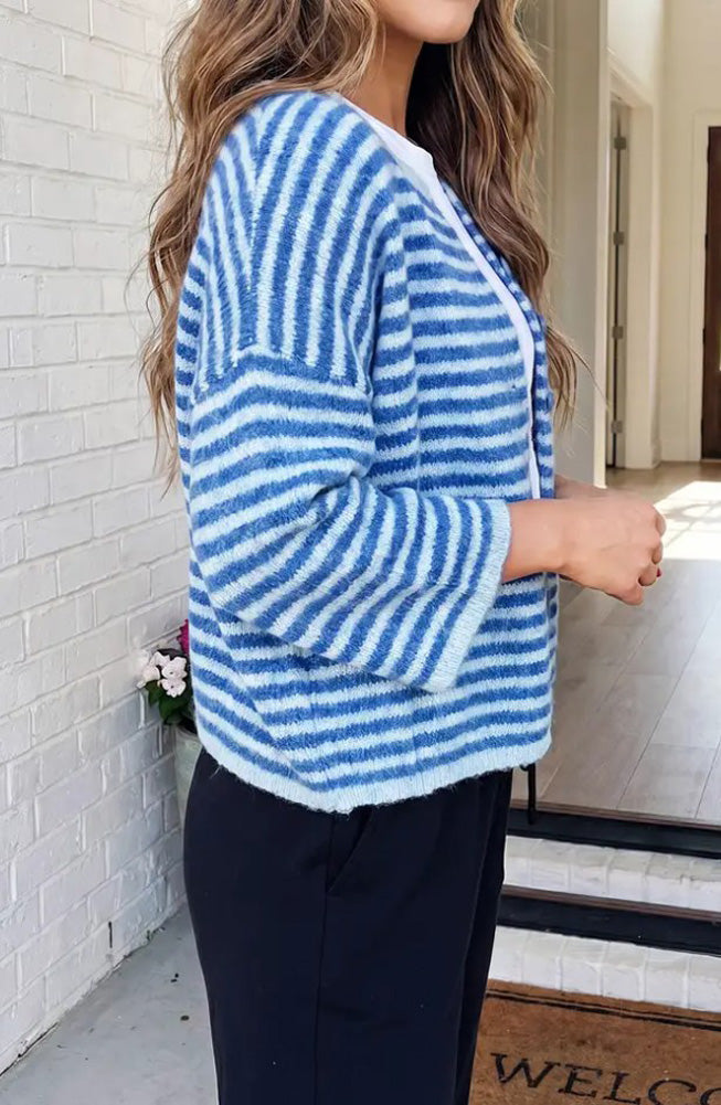 LAS Loose Striped Knit Button Down Cardigan in Blue by LA Society