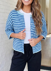 LAS Loose Striped Knit Button Down Cardigan in Blue by LA Society