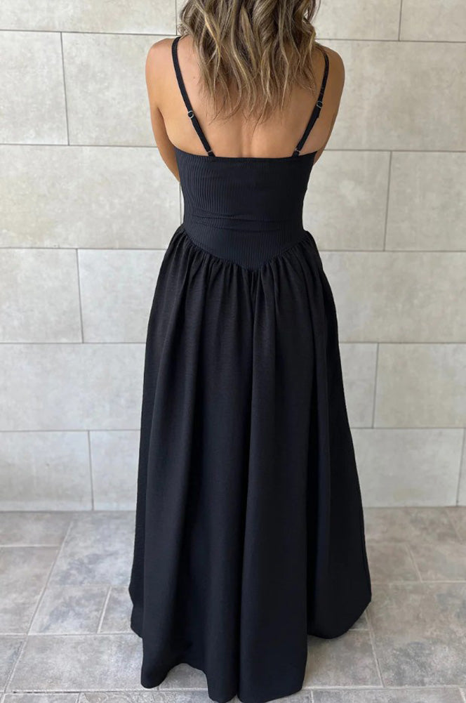 LAS Spaghetti Strap Drop Waist Ribbed Maxi Dress in Black by LA Society