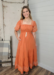 Embroidered Tiered Midi Dress in Ginger by Listicle