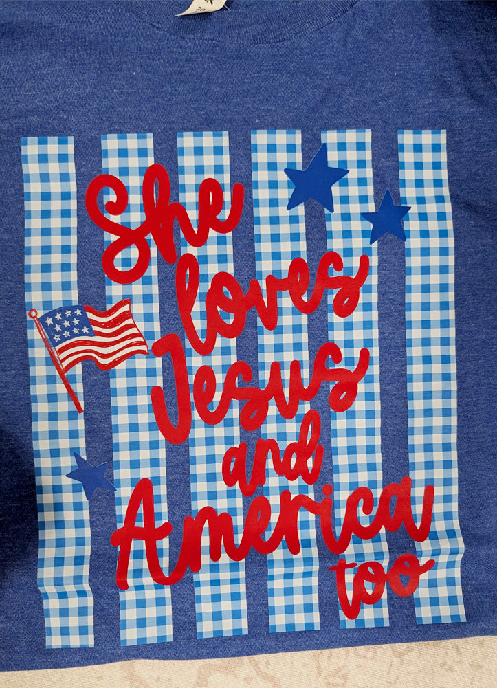 She Loves Jesus and America Too Gingham SS in Heather Royal Blue by P&PD