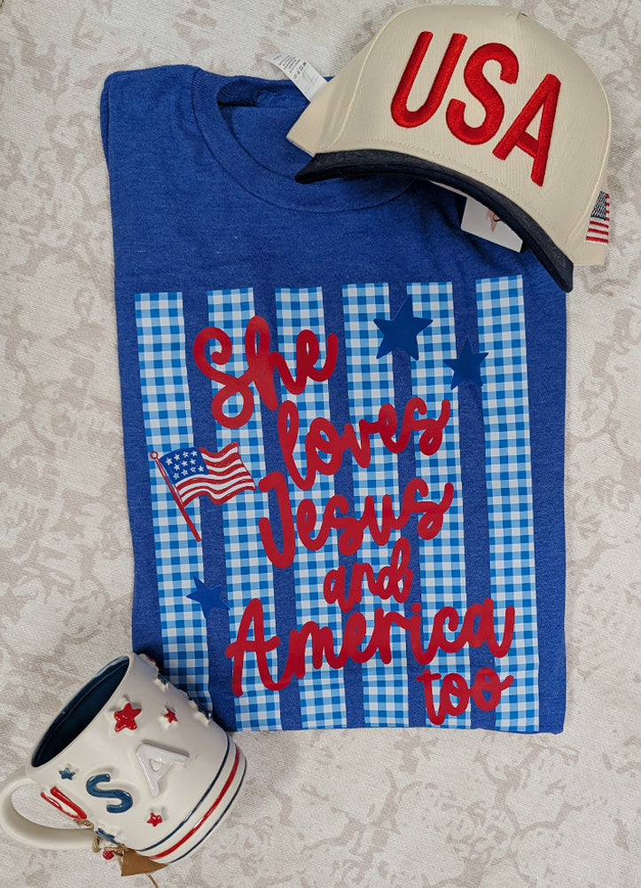 She Loves Jesus and America Too Gingham SS in Heather Royal Blue by P&PD