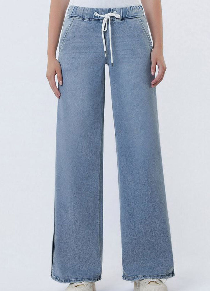 Plus HR Drawstring Side Slit Wide Leg Jeans by Vervet