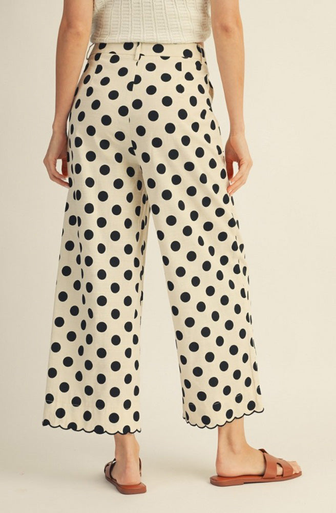 HW Wide Leg Polka Dot Pants with Embroidered Scalloped Edge in Black by Jodifl