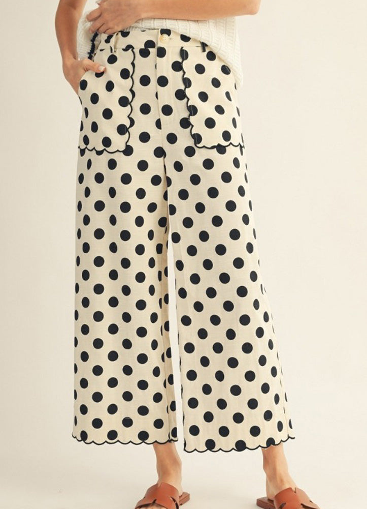 HW Wide Leg Polka Dot Pants with Embroidered Scalloped Edge in Black by Jodifl