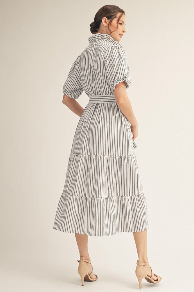 Short Puff Sleeve Tiered Stripe Midi Dress in Off White by Jodifl
