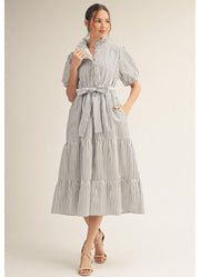 Short Puff Sleeve Tiered Stripe Midi Dress in Off White by Jodifl