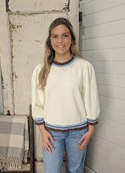 3/4 Sleeve Solid Top with Ruffled Color Rib in Cloud by Jodifl